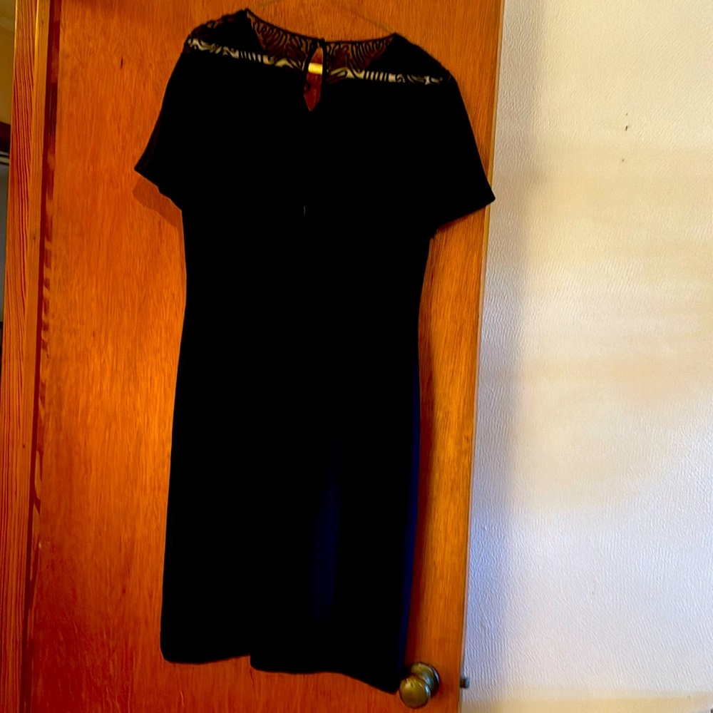 Black short sleeve knee length dress with black lace.